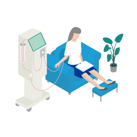 Home hemodialysis patient reading a book on a blue chair during home HD therapy